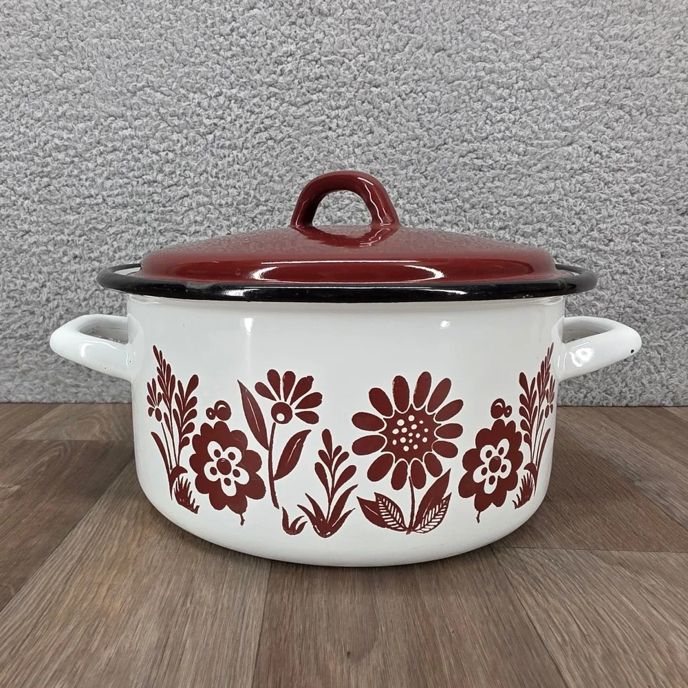Vintage Floral Enamelware Stock Pot White Brown 24cm Retro Dutch Oven with Lid